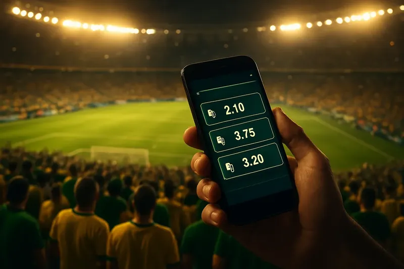 Estádio Maracanã lotado à noite com torcedores em verde e amarelo, mãos segurando smartphone com odds ao vivo, símbolos de Real e atmosfera vibrante de futebol