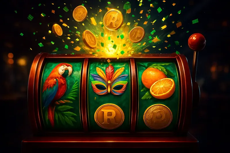 Máquina de caça-níqueis vibrante com símbolos tropicais, papagaios, máscaras de carnaval, moedas de real e jackpot explodindo em festa junina