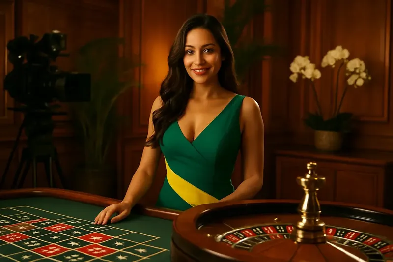 Crupiê brasileira elegante em mesa de roleta com decoração tropical inspirada no Copacabana Palace