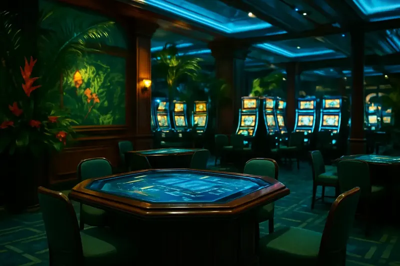 Lobby de cassino elegante com decoração tropical brasileira, flores exóticas e telas de jogos brilhantes