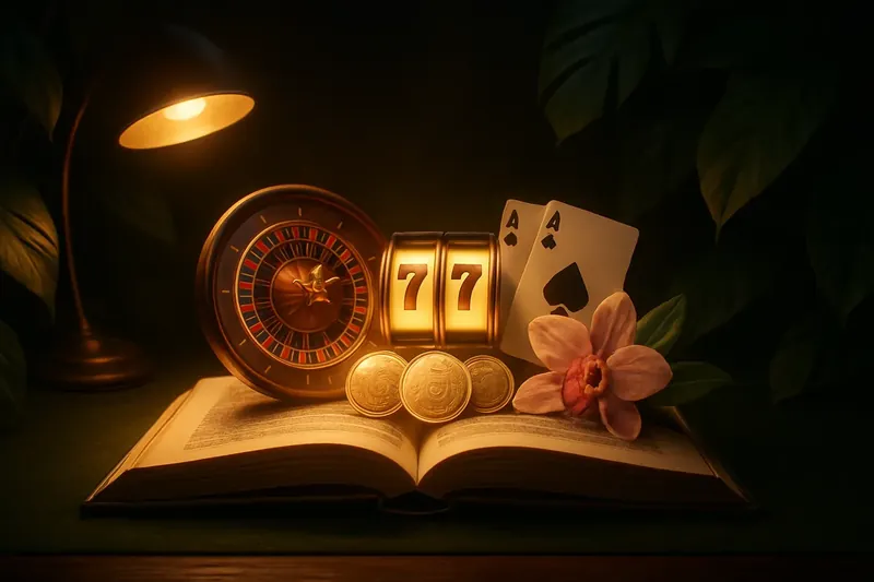 Livro aberto com roleta, caça-níqueis, cartas de blackjack, moedas de real e orquídeas tropicais, iluminação aconchegante, mesa de madeira escura, folhas da Amazônia decorando