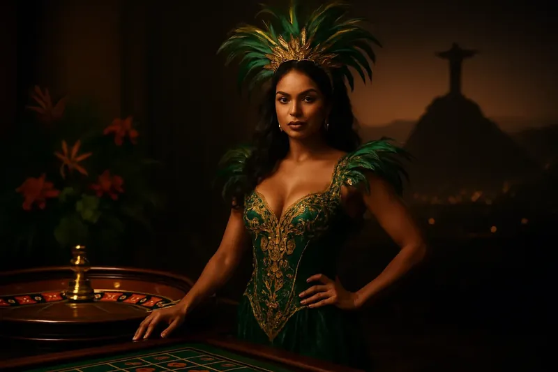 Mulher brasileira elegante com vestido de carnaval verde e dourado ao lado de mesa de roleta, flores tropicais e Cristo Redentor ao fundo