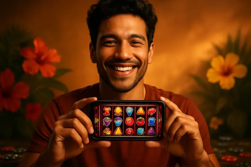 Jogador brasileiro segurando smartphone com jogo de slot online colorido, fundo tropical e fichas de cassino